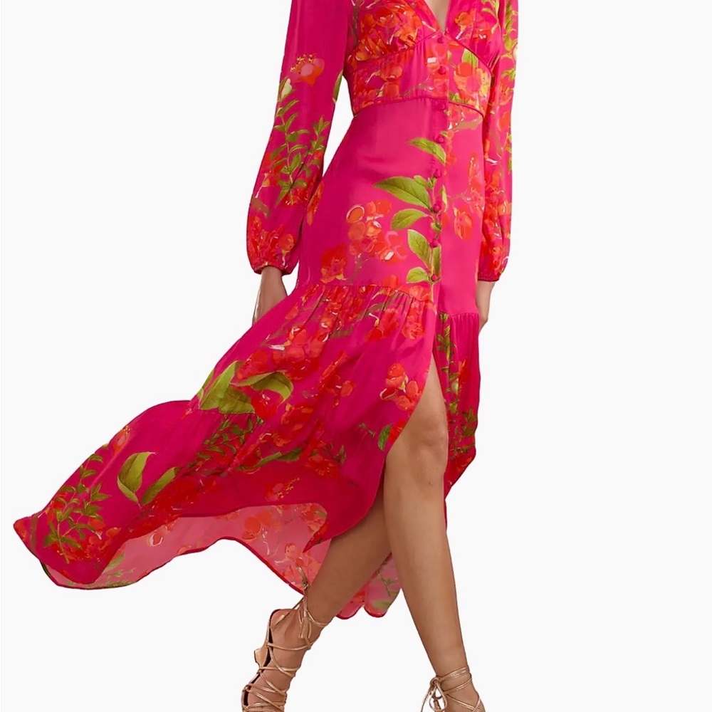 Bright Pink Floral Maxi Dress with Side Slit